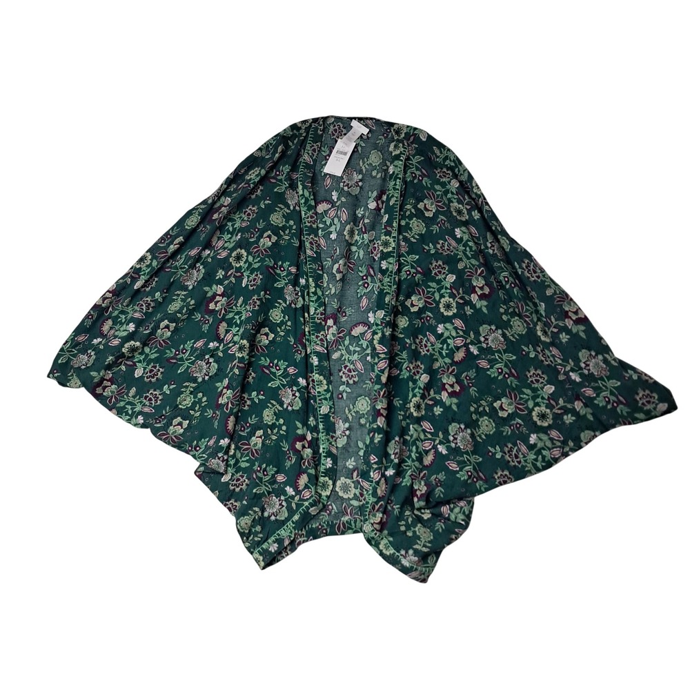 New J. Jill Kimono Wrap Womens S-L Green Emerald Floral Open Front Lightweight